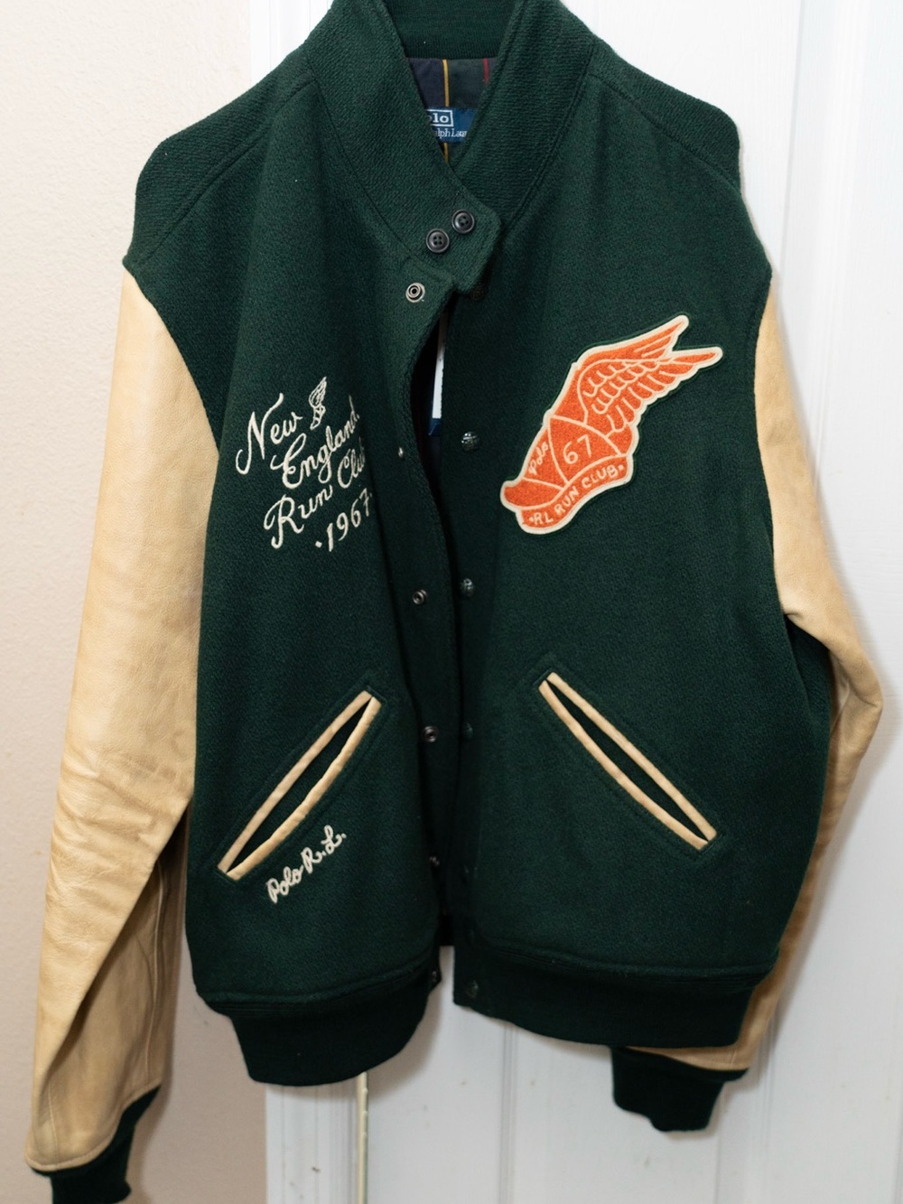 Polo by Ralph Lauren Dark Green & Tan Varsity Bomber Jacket